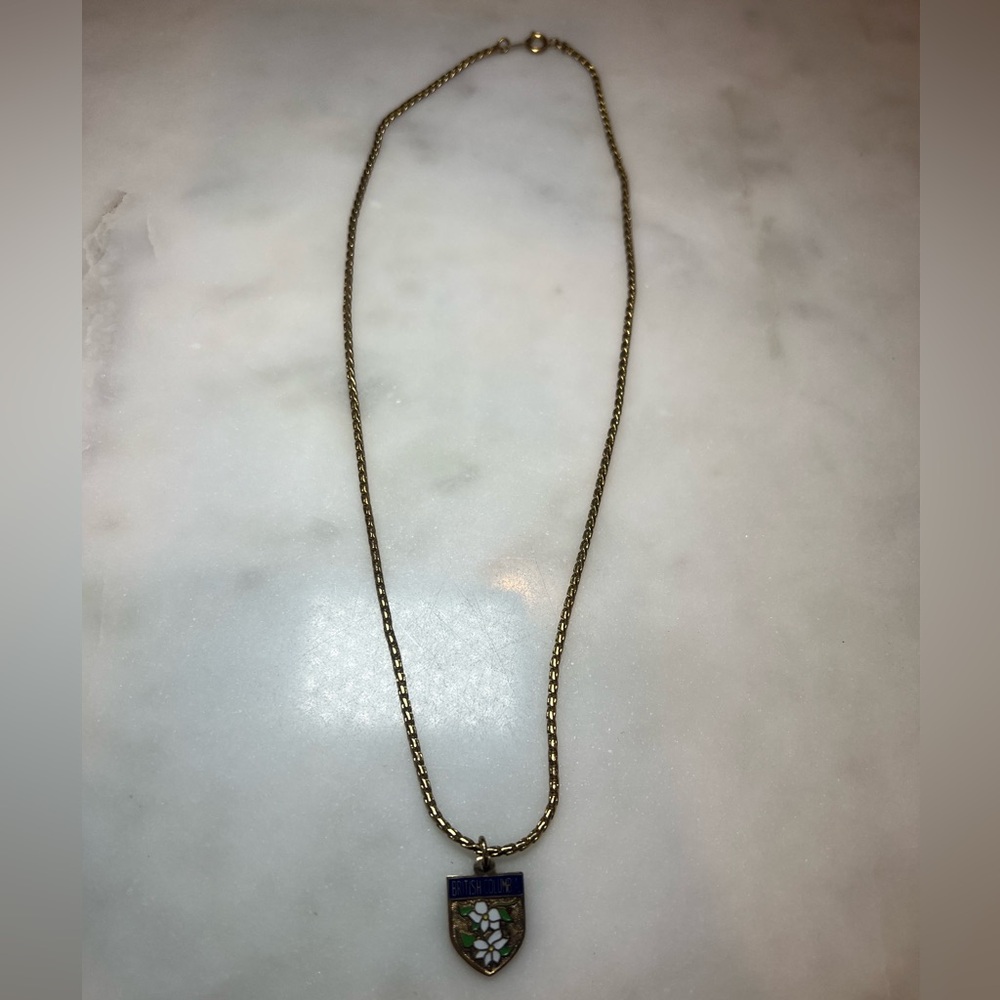 Vintage British Columbia Enamel Dogwood Shield Necklace | Canada Souvenir Charm - Picture 3 of 5